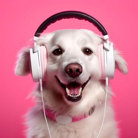 Cute white dog listening to music with headphones on pink background.の素材