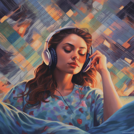Portrait of a beautiful young woman listening to music with headphones.の素材