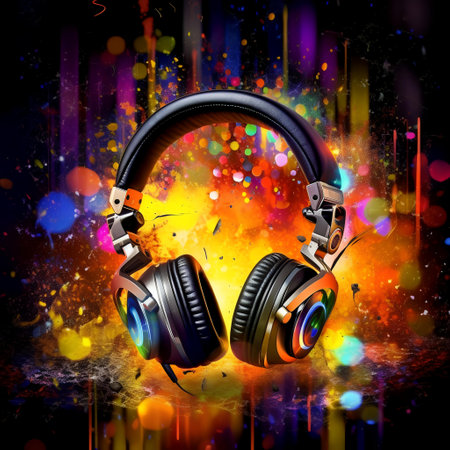 Headphones on abstract colorful background. Music concept. 3D Renderingの素材