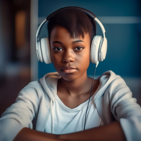 Portrait of a young african american woman listening to music with headphones.の素材
