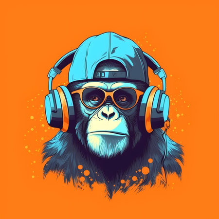 gorilla wearing headphones and listening to music on an orange background.の素材