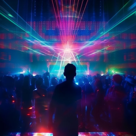 Silhouette of a man in front of a colorful laser showの素材