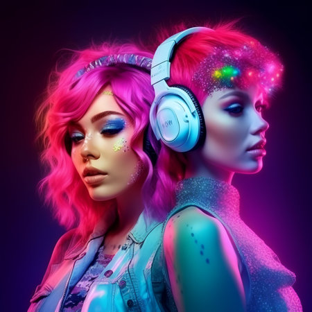 Portrait of a beautiful young woman with pink hair and headphones.の素材