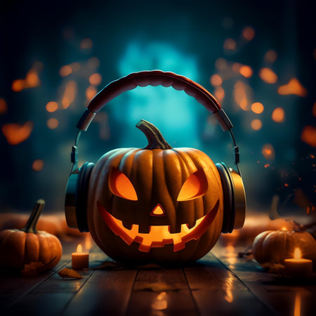 Halloween pumpkin head jack lantern with headphones on dark background. Halloween conceptの素材