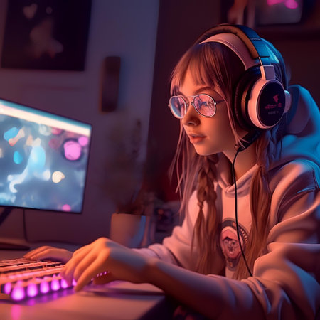 Portrait of a young girl in headphones playing computer games at home.の素材