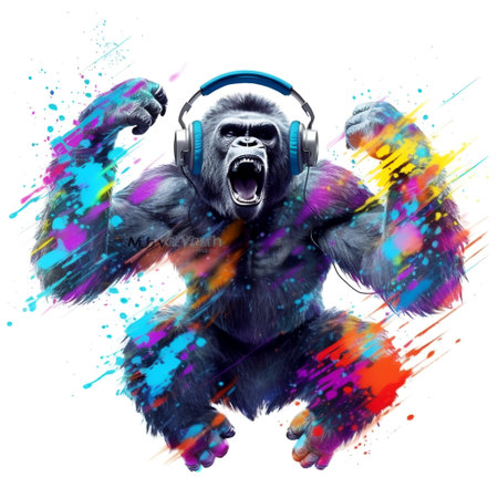 Gorilla with headphones and colorful splashes on a white backgroundの素材