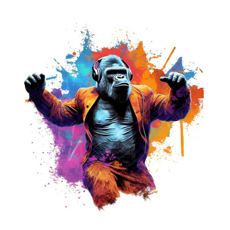 Gorilla man with headphones and colorful splashes on white backgroundの素材