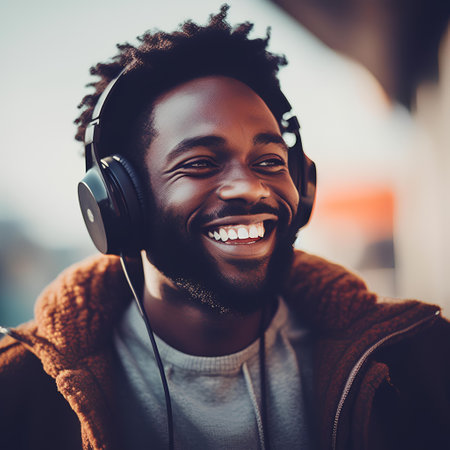 Close up portrait of a young african american man listening to music with headphones.の素材
