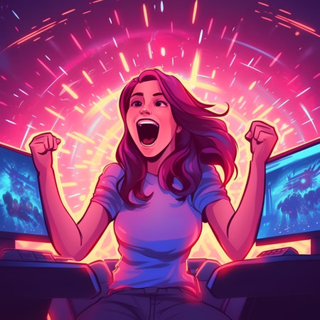 Excited girl playing online video games on the console. Vector illustration.の素材