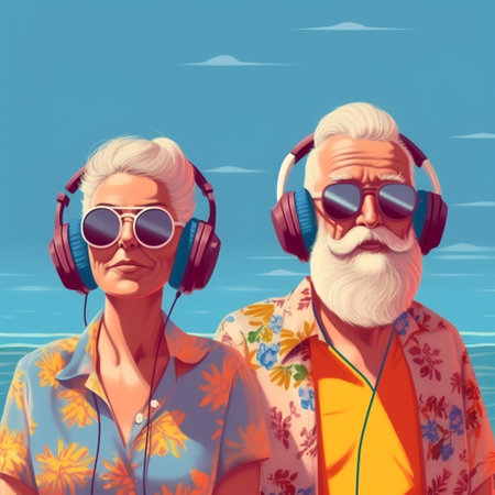 Portrait of happy senior couple listening to music on the beach.の素材