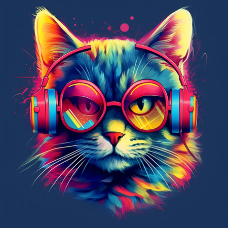 Fashion cat with headphones. Vector illustration. Colorful background.の素材
