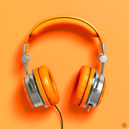 Orange headphones on orange background. 3d rendering. Music concept.の素材