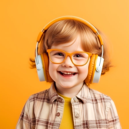 Portrait of a cute smiling little boy in headphones over yellow background.の素材