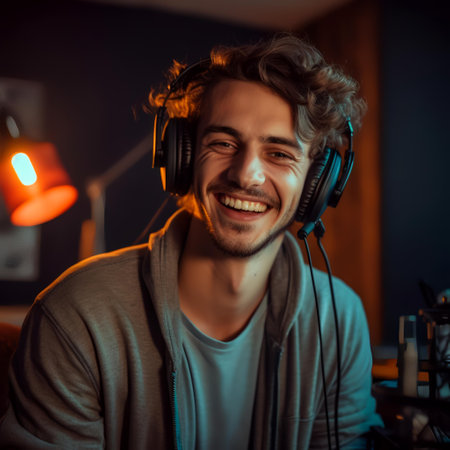 Portrait of a happy young man in headphones listening to music.の素材