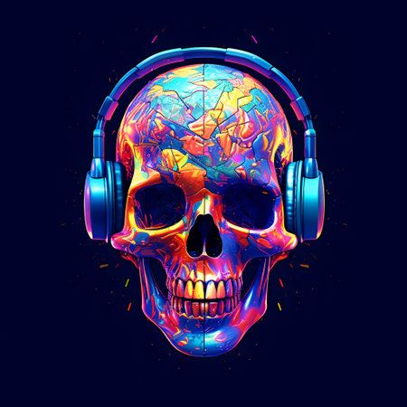 Skull with headphones listening to music on dark background. Vector illustration.の素材