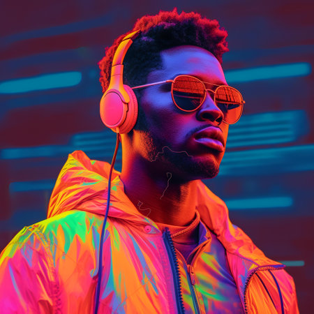 young african american man in headphones listening music in neon lightの素材