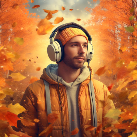 Young man listening to music with headphones in the autumn forest. Autumn season.の素材