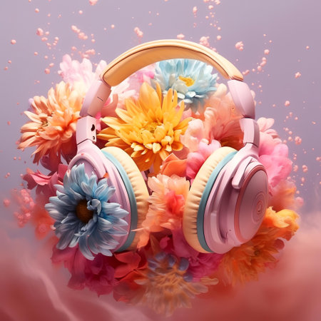 Headphones with flowers on a pink background. 3d rendering.の素材