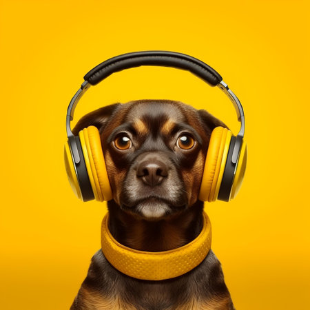 Funny dog with headphones listening to music on yellow background, close upの素材