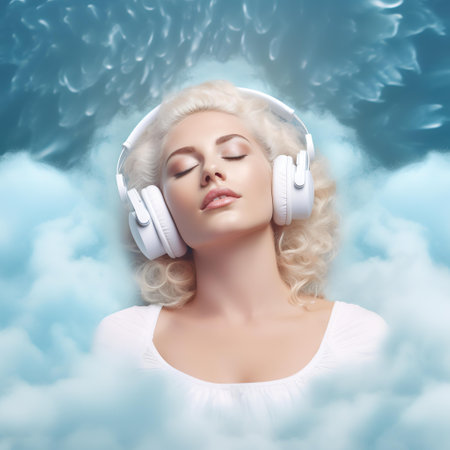 Beautiful blonde girl with headphones listening to music in the clouds.の素材
