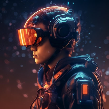 Portrait of a young man in futuristic helmet. 3d renderingの素材