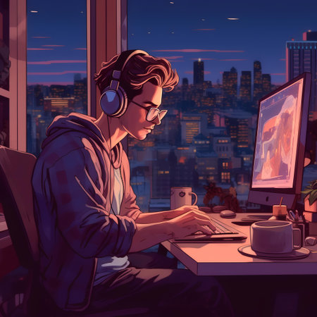 Young man in headphones works at a computer in a night city.の素材