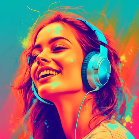 Portrait of a beautiful young woman listening to music with headphones.の素材