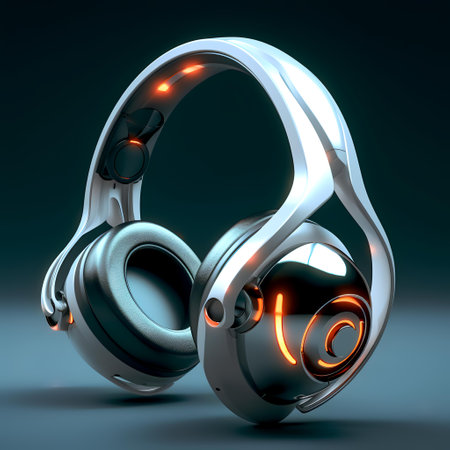 Headphones with glowing light on dark background. 3D illustration.の素材