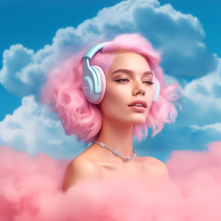 Beautiful girl with pink hair and headphones on the background of clouds.の素材
