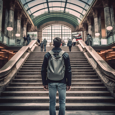 Young man with a backpack standing on the stairs of the railway stationの素材