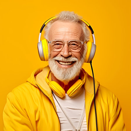 Portrait of a happy senior man listening to music with headphones over yellow backgroundの素材