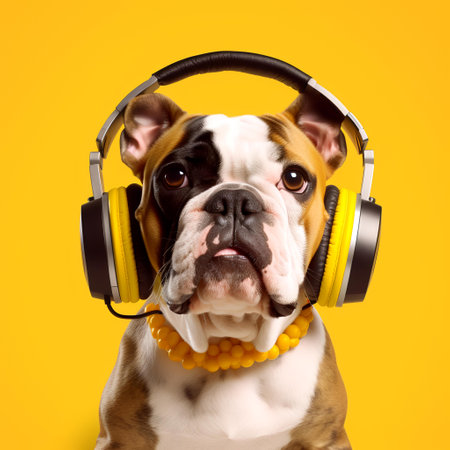 Portrait of a dog with headphones listening to music on yellow backgroundの素材