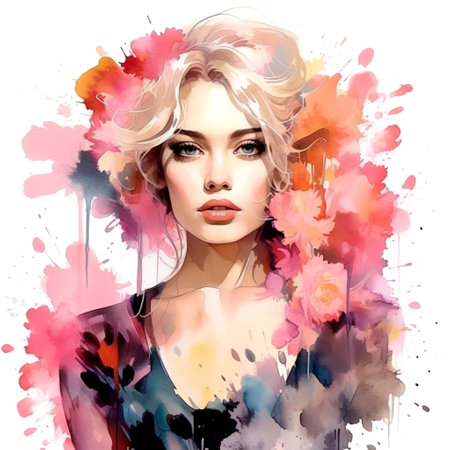 Fashion portrait of beautiful young woman with bright makeup. Digital watercolor painting.の素材