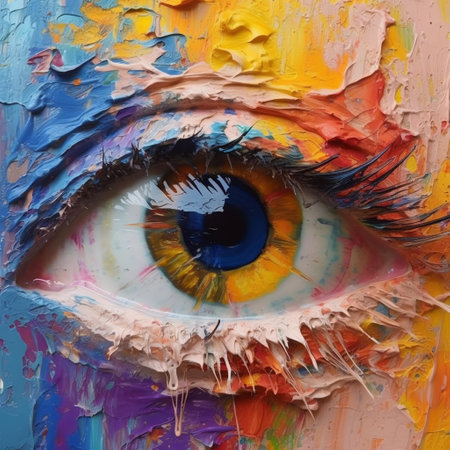 Close up of beautiful female eye with abstract painting. Colorful backgroundの素材