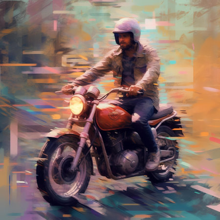 Motorcyclist on a motorcycle in the city. Digital painting.の素材