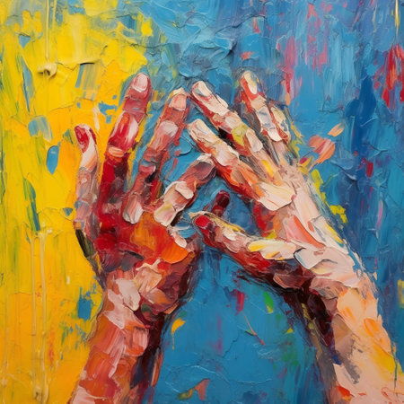 Painting close-up of the hands of a child on a colored backgroundの素材