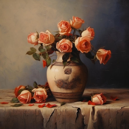 Still life with orange roses in a vase on a wooden tableの素材