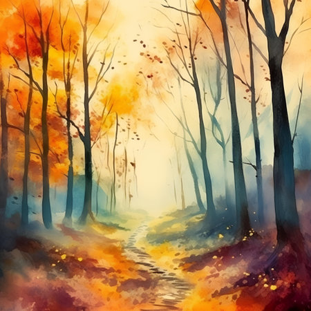 Autumn forest. Watercolor painting on canvas. Nature background.の素材