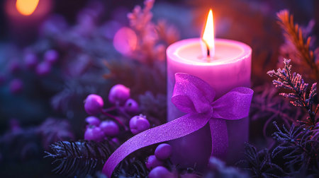 Christmas background with burning candle, fir branches and berries on dark backgroundの素材