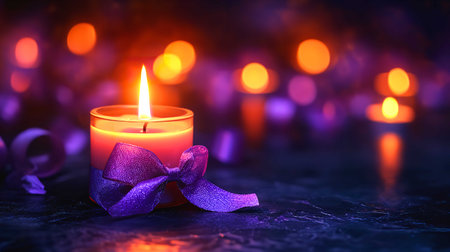 Burning candle with purple bow on dark background with bokehの素材