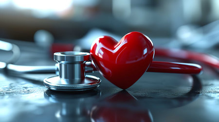 Stethoscope and red heart on a table. 3d renderingの素材