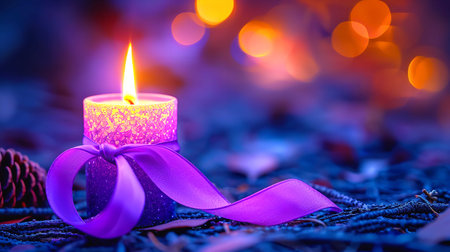 Candle with purple ribbon on the background of bokeh.の素材