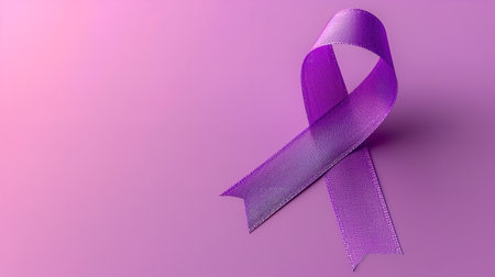 Purple awareness ribbon on a pink background. 3D illustration.の素材