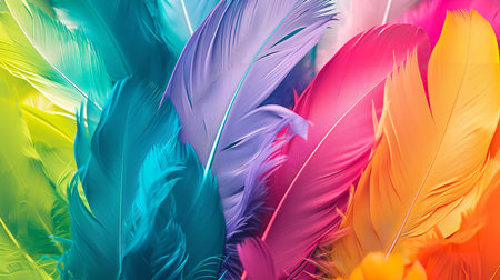 Colorful feathers background. Close-up image of colorful feathers.の素材