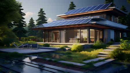 3d rendering of modern cozy house with solar panels on roof.の素材