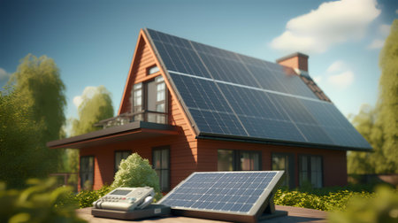 Solar panels installed on the roof of a house. 3d renderingの素材