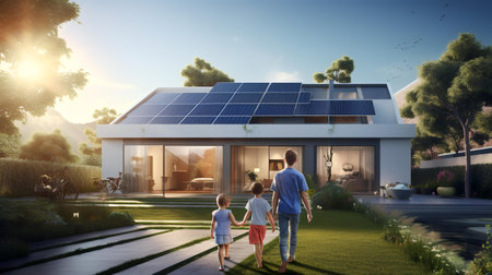 Back view of happy family standing in front of modern house with solar panelsの素材