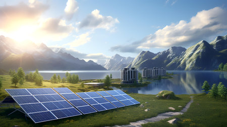 Solar panels on the background of mountains and lake. 3d renderの素材