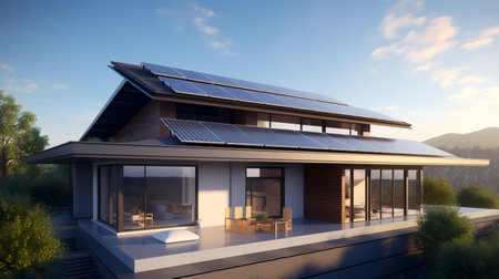3D render of a modern house with solar panels on the roofの素材