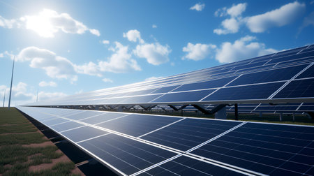 solar energy panels with blue sky and sun - 3d renderingの素材